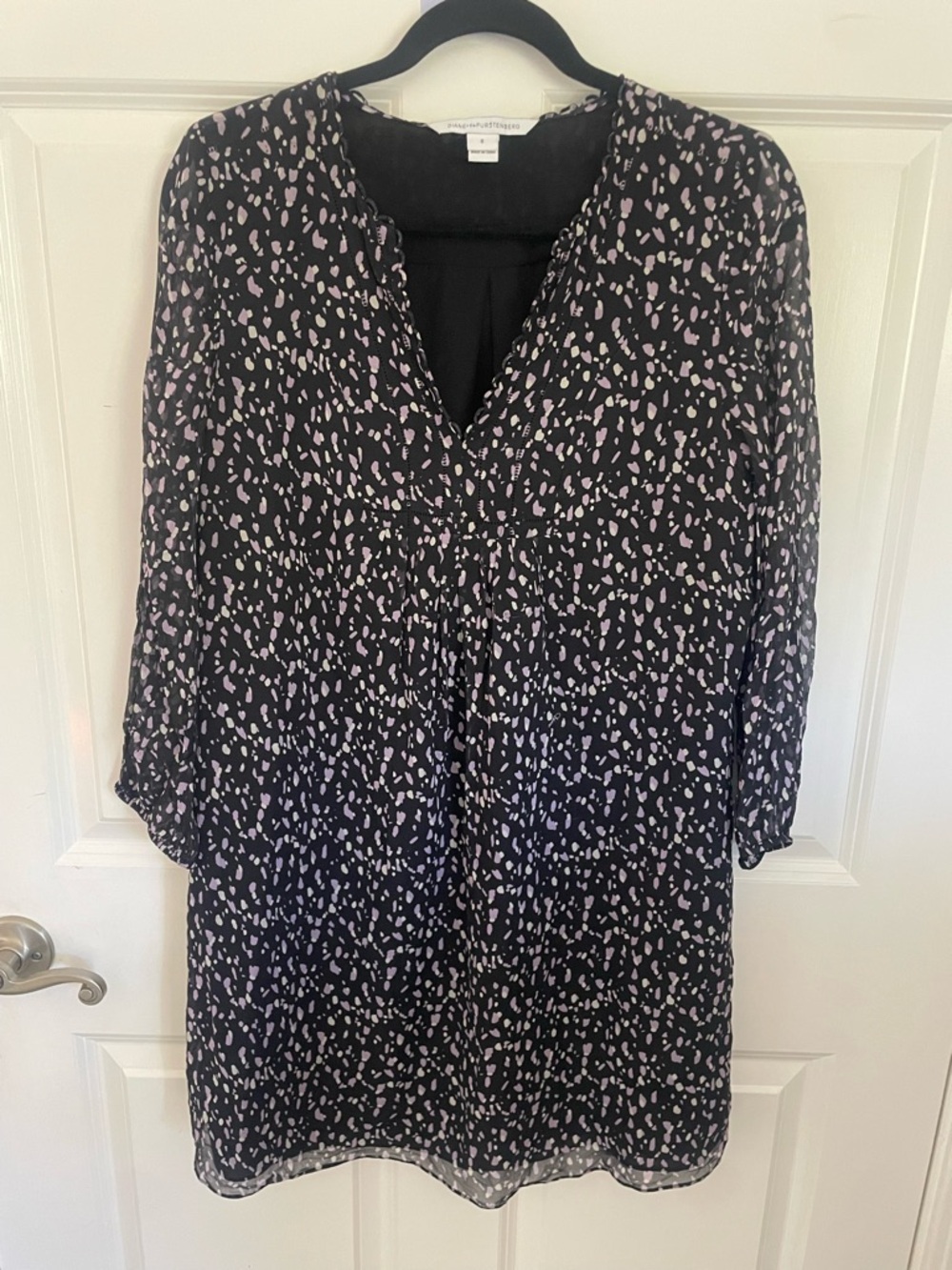 Diane Von Furstenberg Black Long-Sleeve Dress with Pink Spot Print